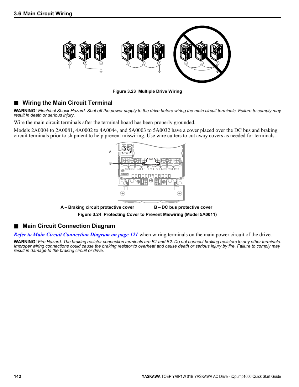 Refer to wiring the main circuit terminal on, Cover, Refer to wiring | Wiring the main circuit terminal, Main circuit connection diagram, 6 main circuit wiring | Yaskawa iQpump1000 AC Drive Quick Start User Manual | Page 142 / 470