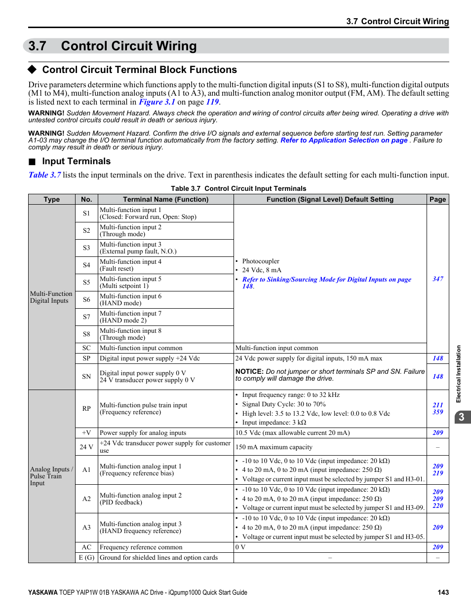 Control circuit wiring, Control circuit terminal block functions, 7 control circuit wiring | Yaskawa iQpump1000 AC Drive Quick Start User Manual | Page 143 / 470