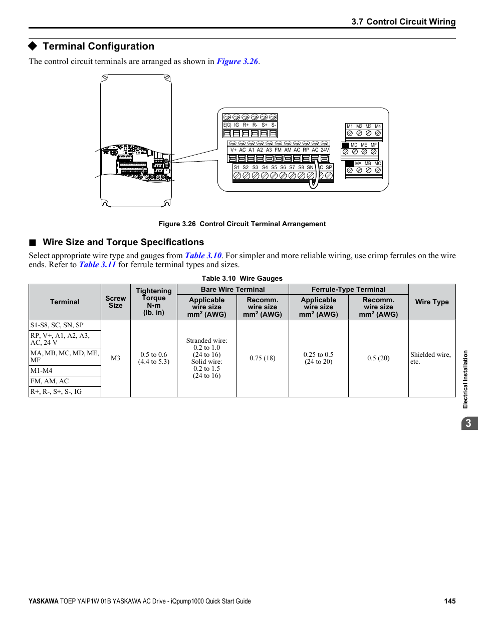 Terminal configuration, Wire size and torque specifications, 7 control circuit wiring | Yaskawa iQpump1000 AC Drive Quick Start User Manual | Page 145 / 470