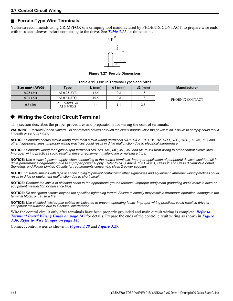 Wiring the control circuit terminal, For details on wiring, Ends. refer to | Table 3.11, For ferrule terminal types and sizes | Yaskawa iQpump1000 AC Drive Quick Start User Manual | Page 146 / 470