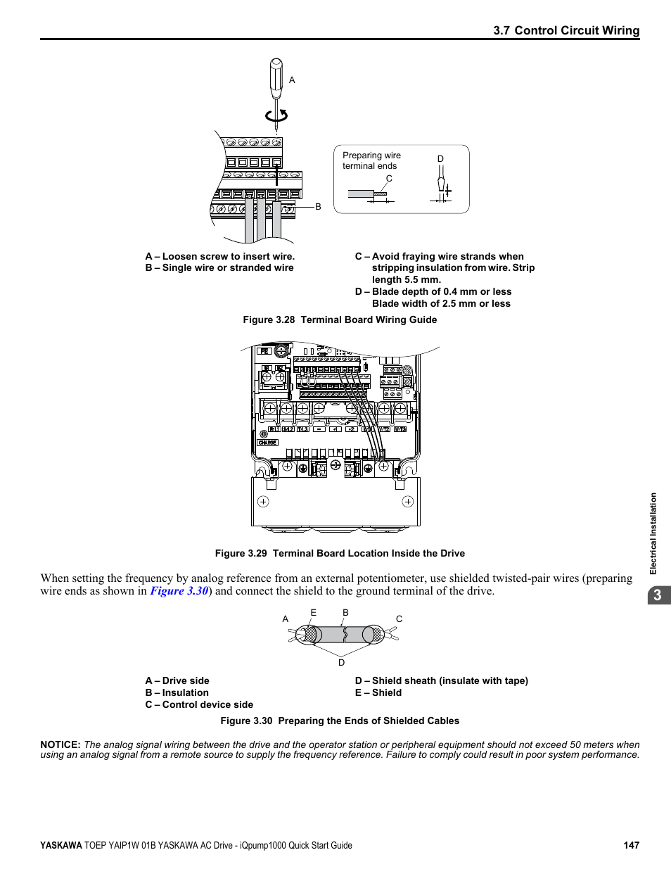 Refer to, Figure, Connect control wires as shown in | Figure 3.28, Figure 3.29 | Yaskawa iQpump1000 AC Drive Quick Start User Manual | Page 147 / 470
