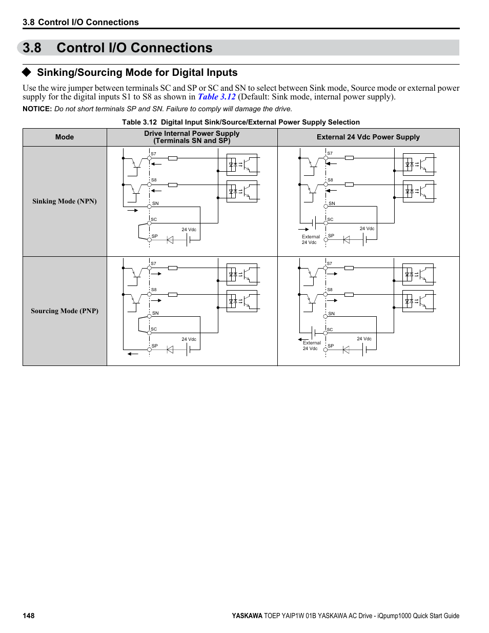 Control i/o connections, Sinking/sourcing mode for digital inputs, 8 control i/o connections | Yaskawa iQpump1000 AC Drive Quick Start User Manual | Page 148 / 470