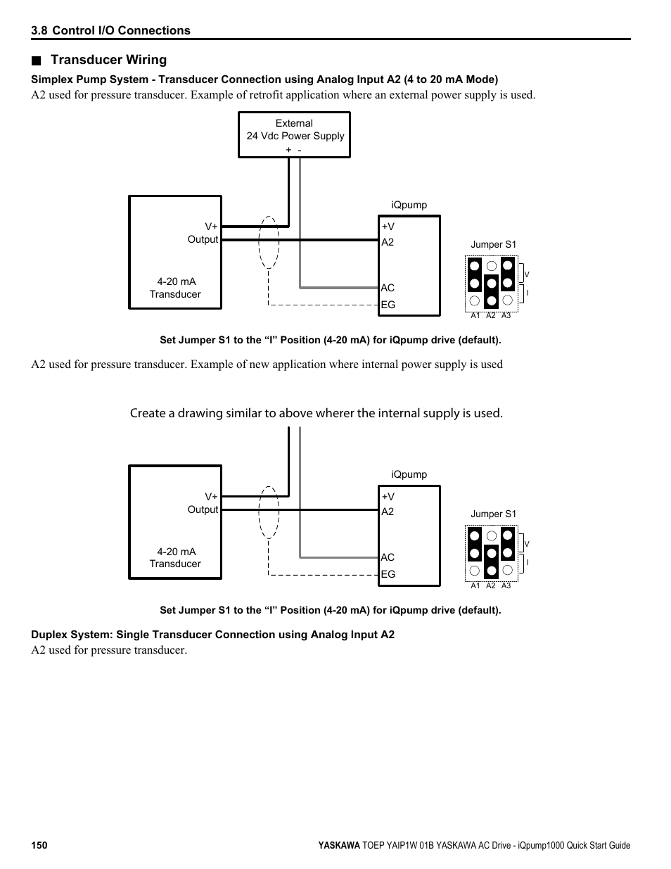 Transducer wiring | Yaskawa iQpump1000 AC Drive Quick Start User Manual | Page 150 / 470