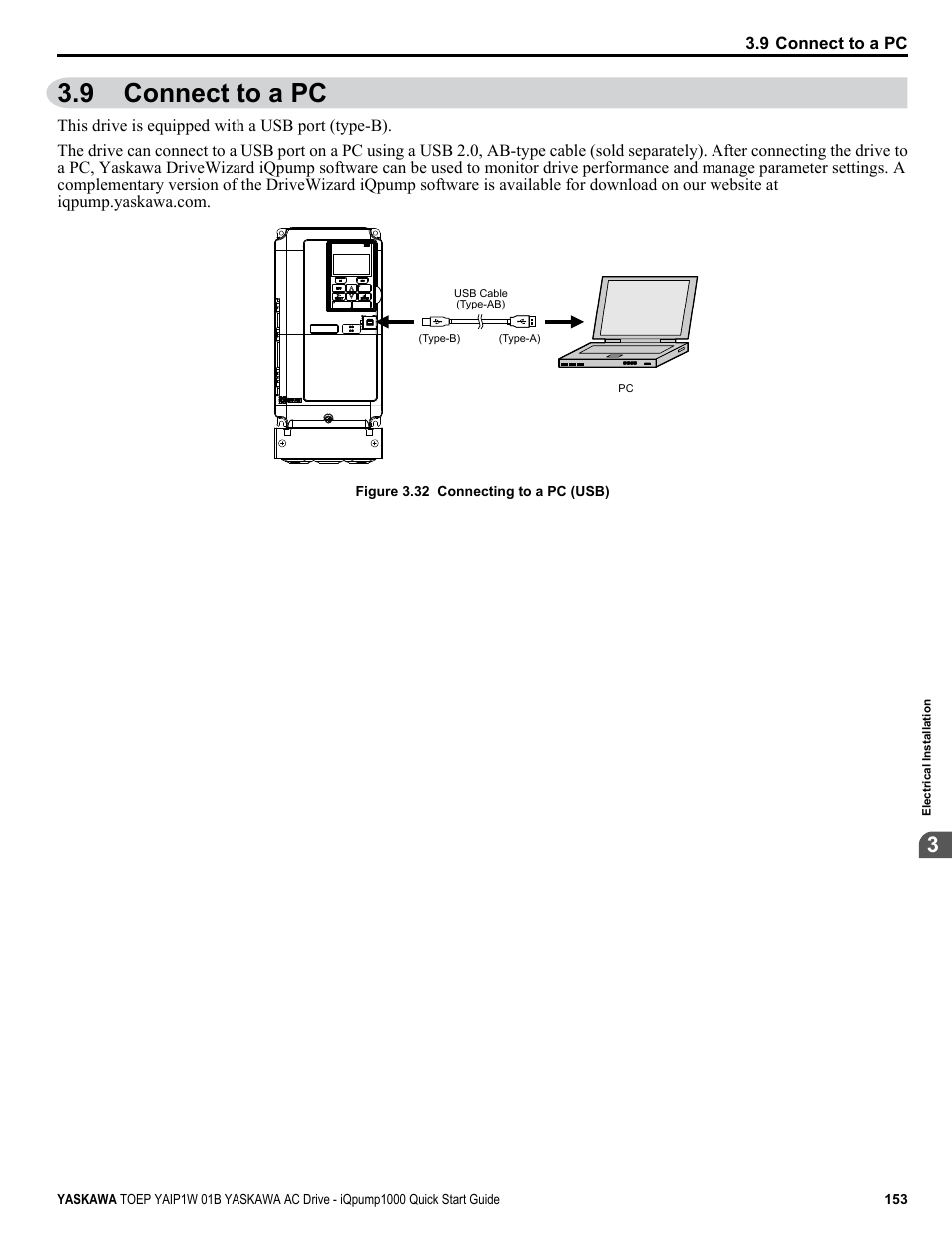 Connect to a pc, 9 connect to a pc | Yaskawa iQpump1000 AC Drive Quick Start User Manual | Page 153 / 470