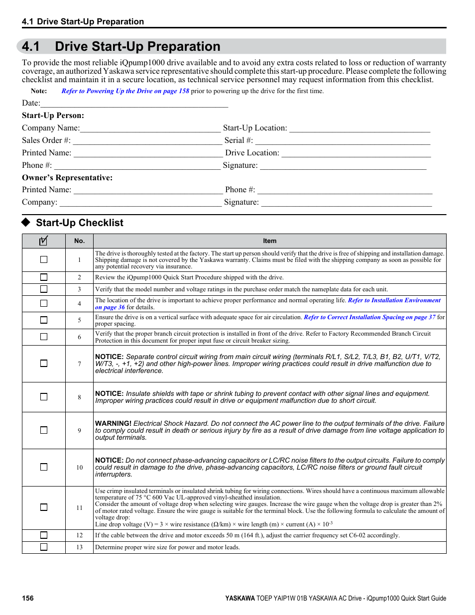Drive start-up preparation, Start-up checklist, 1 drive start-up preparation | Yaskawa iQpump1000 AC Drive Quick Start User Manual | Page 156 / 470