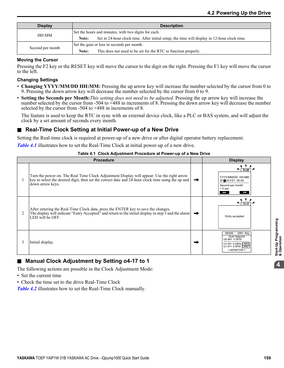 Manual clock adjustment by setting o4-17 to 1 | Yaskawa iQpump1000 AC Drive Quick Start User Manual | Page 159 / 470