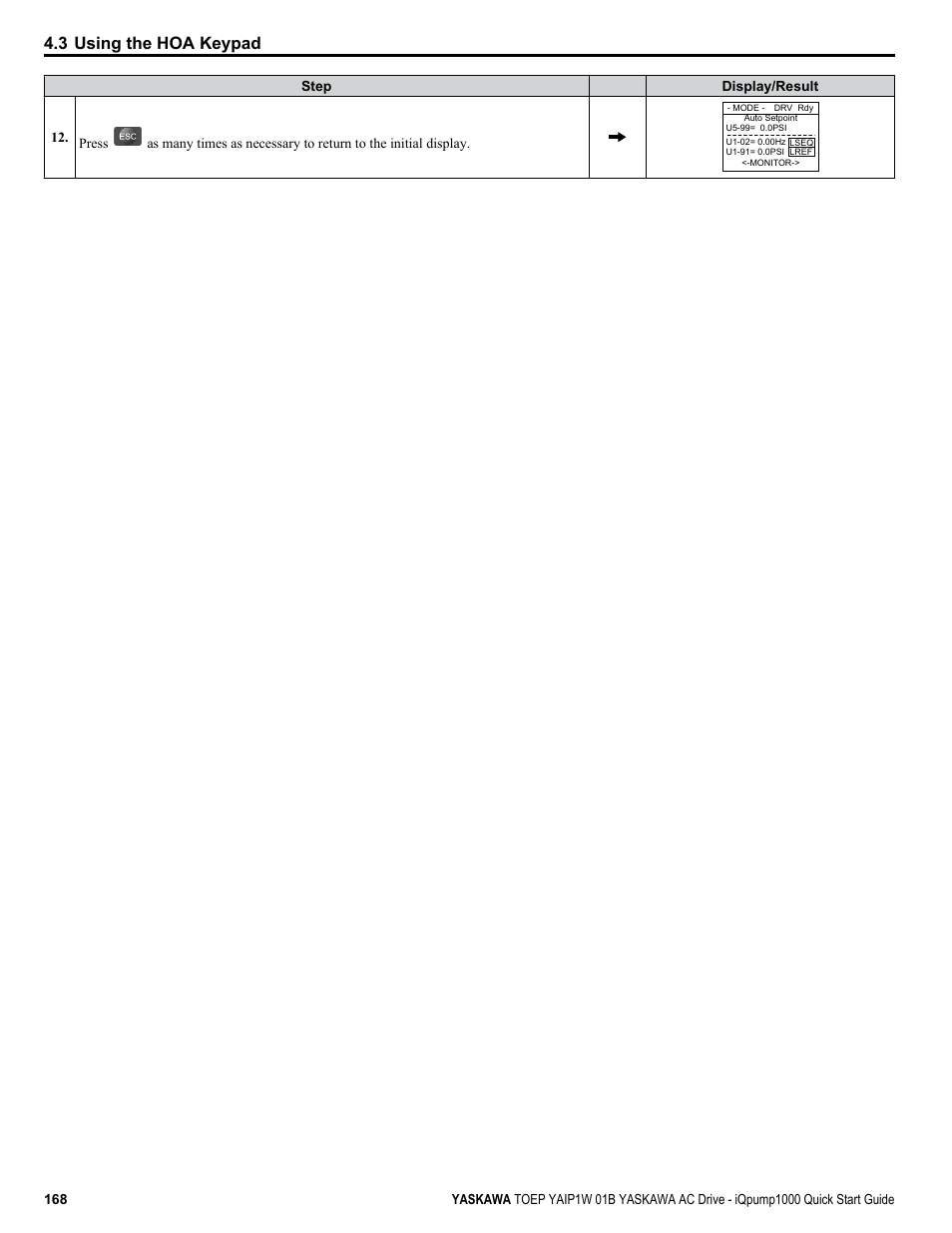 3 using the hoa keypad | Yaskawa iQpump1000 AC Drive Quick Start User Manual | Page 168 / 470