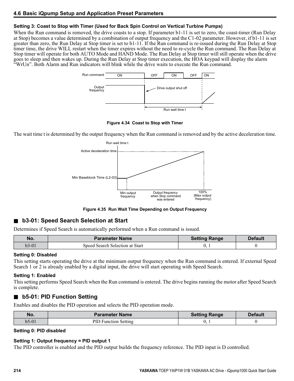 B3-01: speed search selection at start, B5-01: pid function setting | Yaskawa iQpump1000 AC Drive Quick Start User Manual | Page 214 / 470