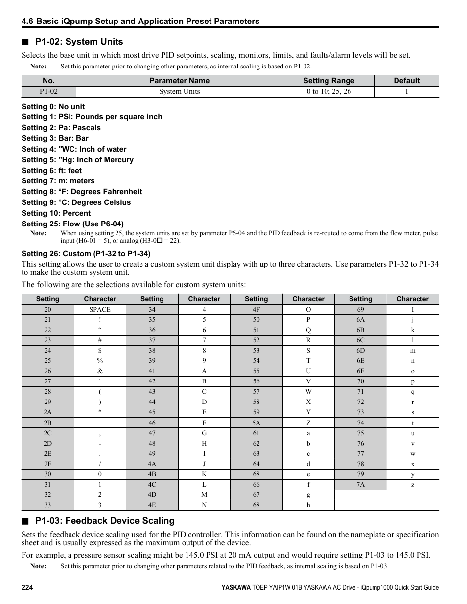P1-02: system units, P1-03: feedback device scaling | Yaskawa iQpump1000 AC Drive Quick Start User Manual | Page 224 / 470