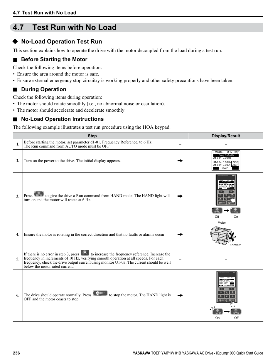 Test run with no load, No-load operation test run, 7 test run with no load | Before starting the motor, During operation, No-load operation instructions, Press | Yaskawa iQpump1000 AC Drive Quick Start User Manual | Page 236 / 470