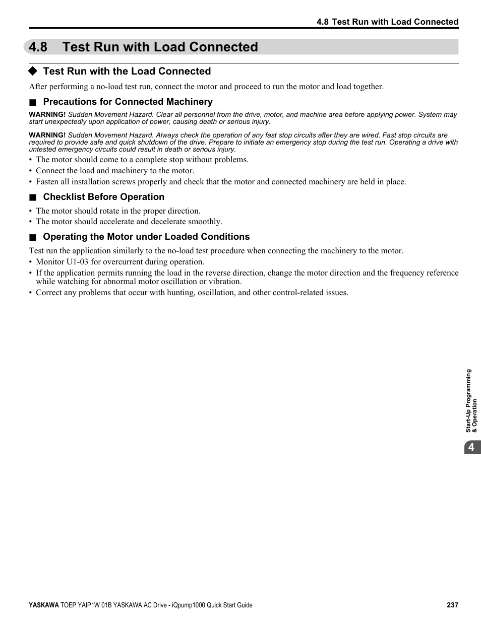 Test run with load connected, Test run with the load connected, 8 test run with load connected | Yaskawa iQpump1000 AC Drive Quick Start User Manual | Page 237 / 470