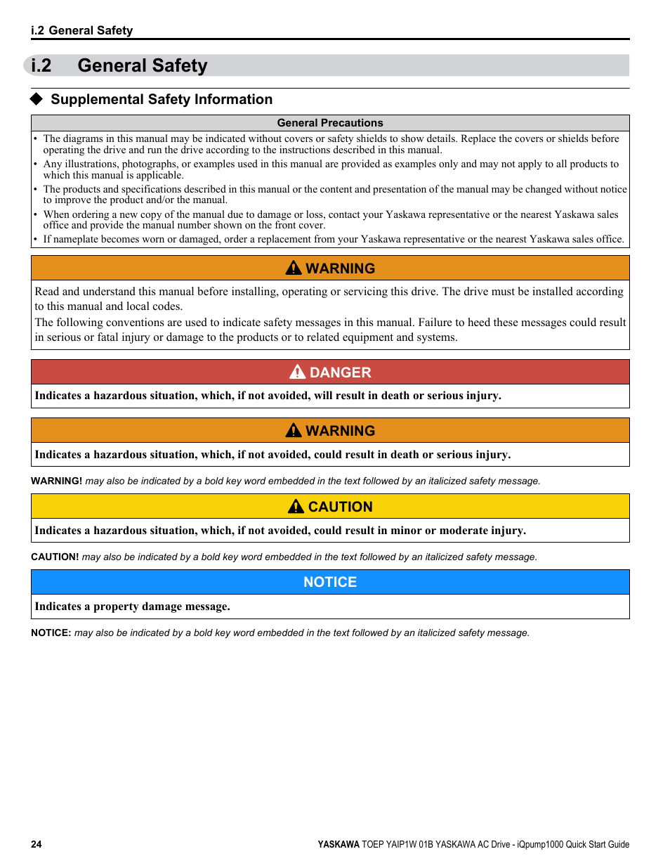General safety, Supplemental safety information, I.2 general safety | Yaskawa iQpump1000 AC Drive Quick Start User Manual | Page 24 / 470