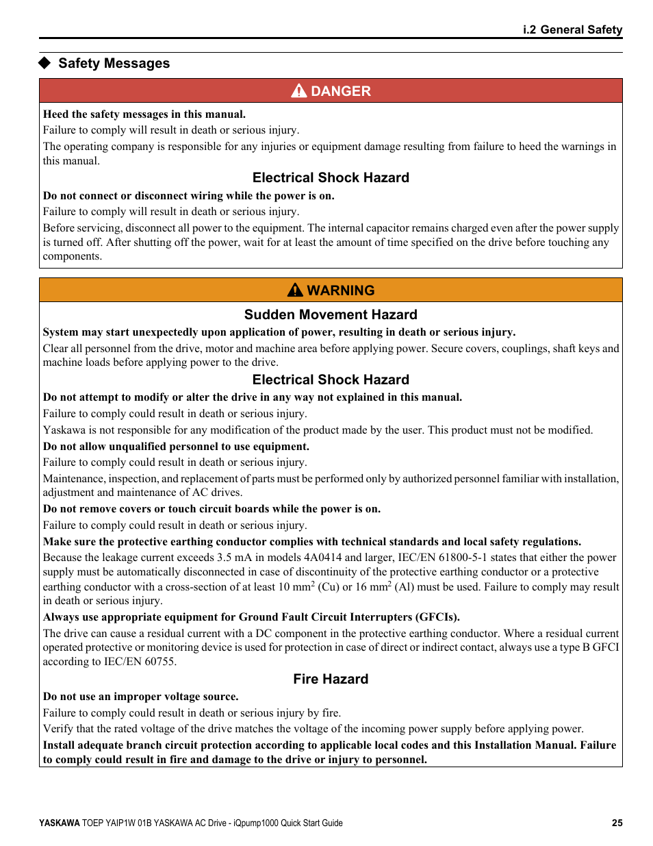 Safety messages | Yaskawa iQpump1000 AC Drive Quick Start User Manual | Page 25 / 470