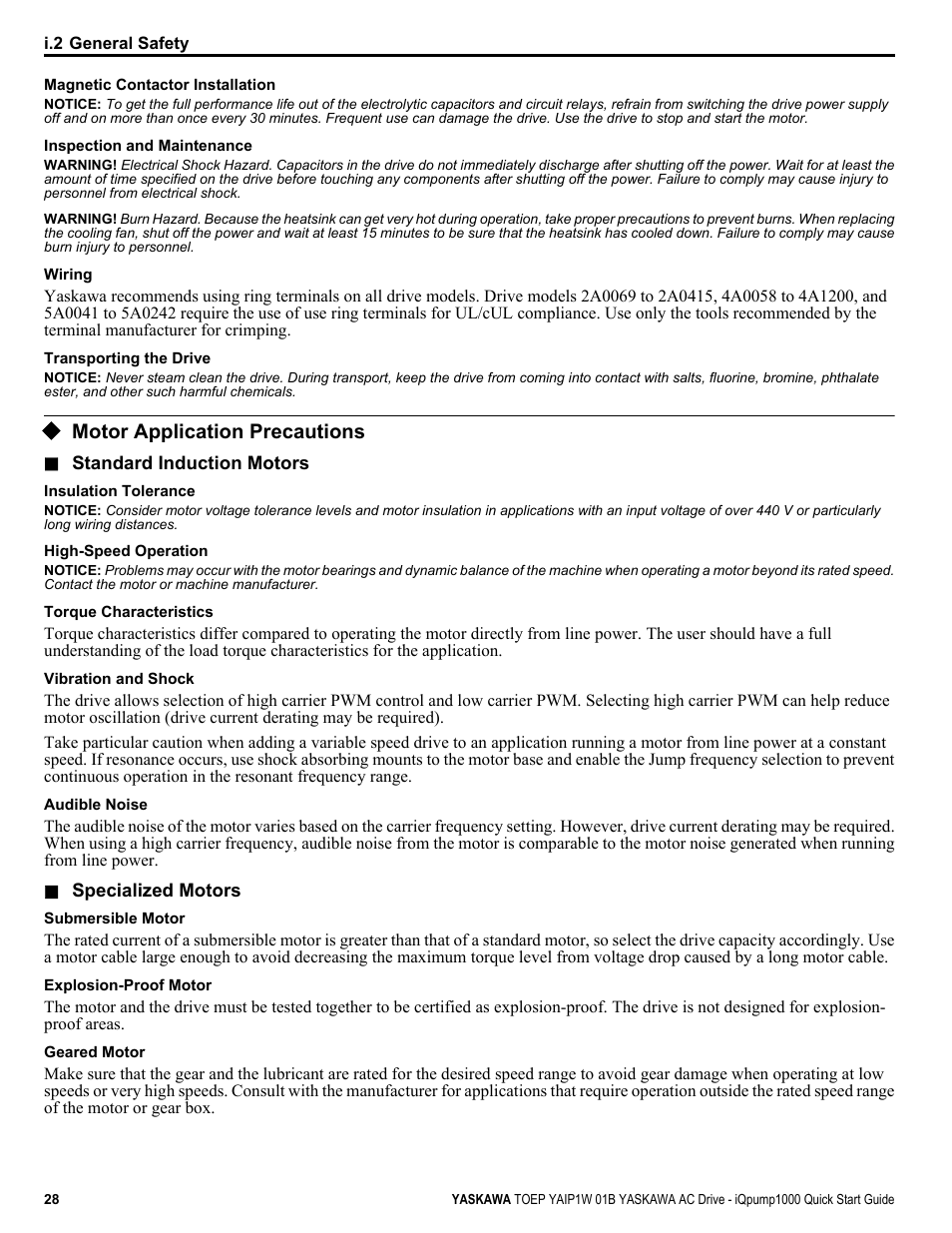 Motor application precautions | Yaskawa iQpump1000 AC Drive Quick Start User Manual | Page 28 / 470