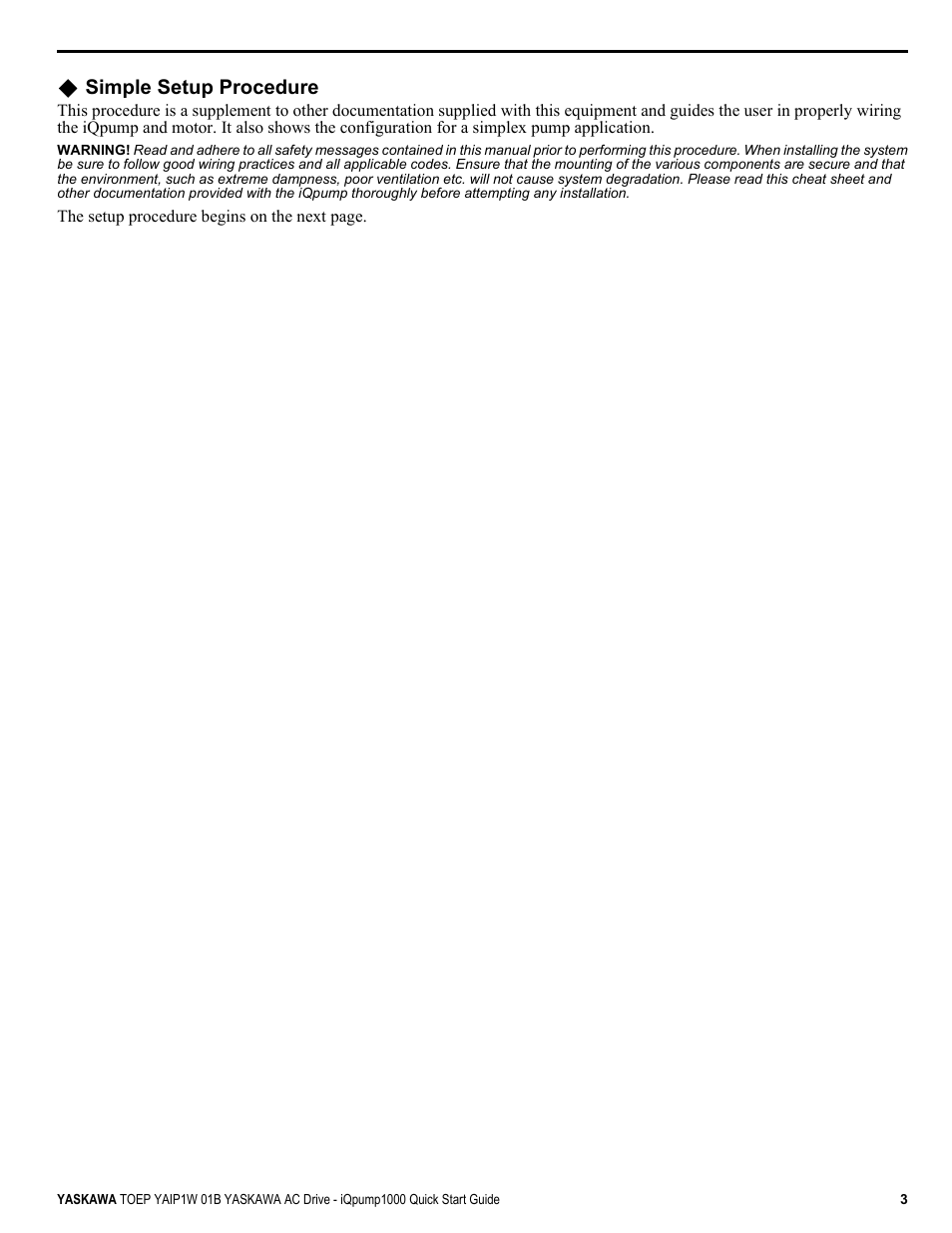Simple setup procedure | Yaskawa iQpump1000 AC Drive Quick Start User Manual | Page 3 / 470