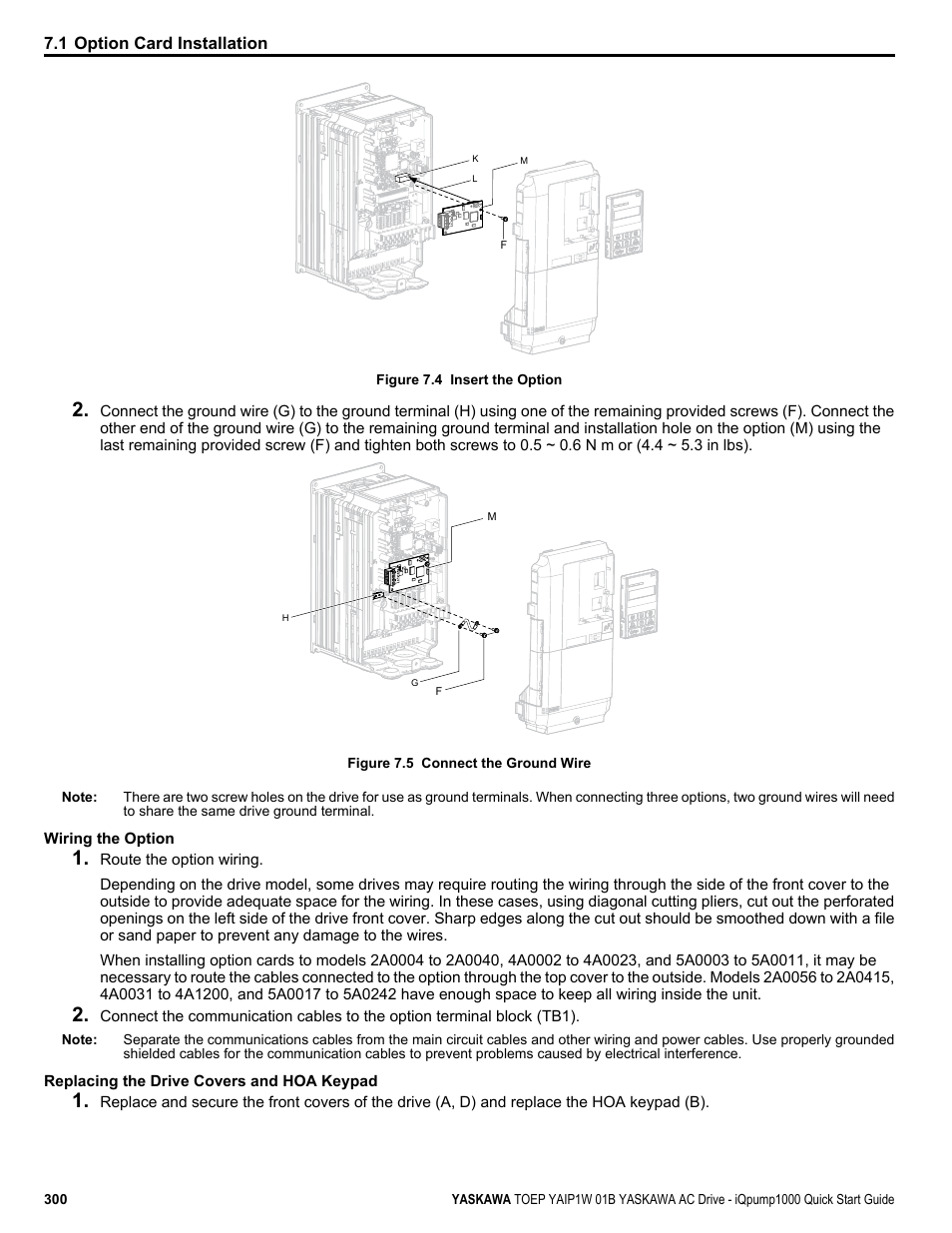 1 option card installation | Yaskawa iQpump1000 AC Drive Quick Start User Manual | Page 300 / 470