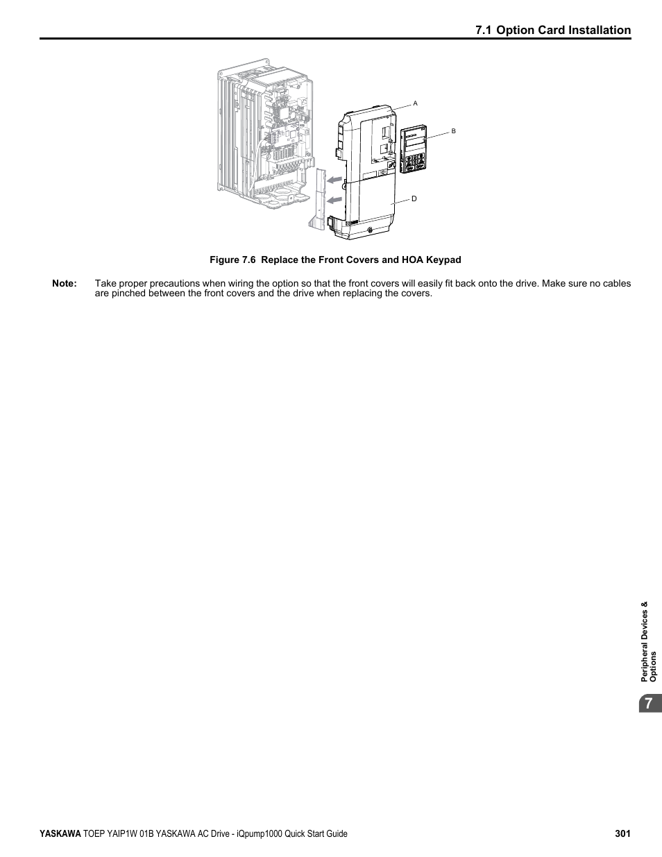 1 option card installation | Yaskawa iQpump1000 AC Drive Quick Start User Manual | Page 301 / 470