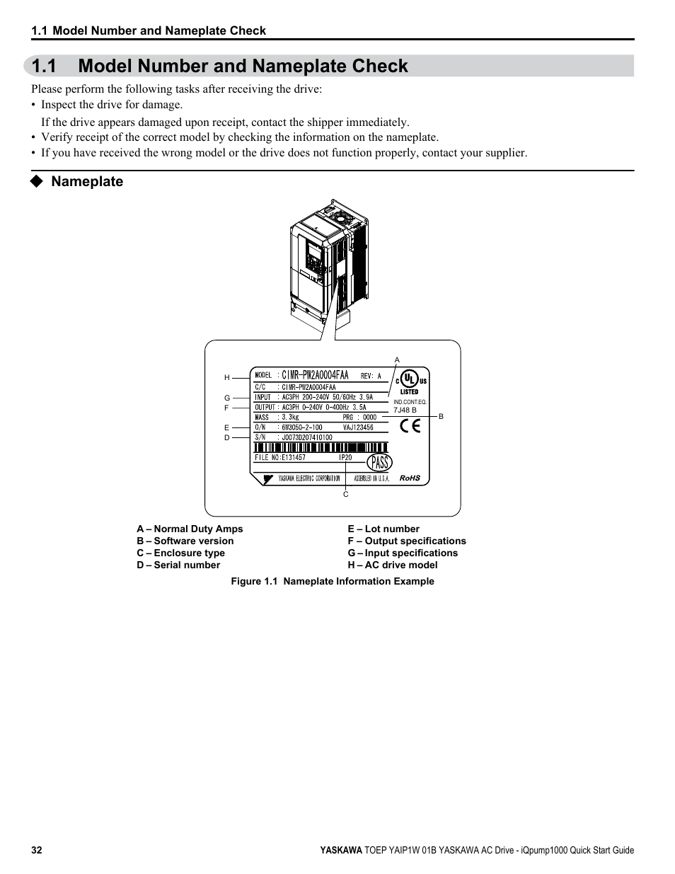 Model number and nameplate check, Nameplate, 1 model number and nameplate check | Yaskawa iQpump1000 AC Drive Quick Start User Manual | Page 32 / 470