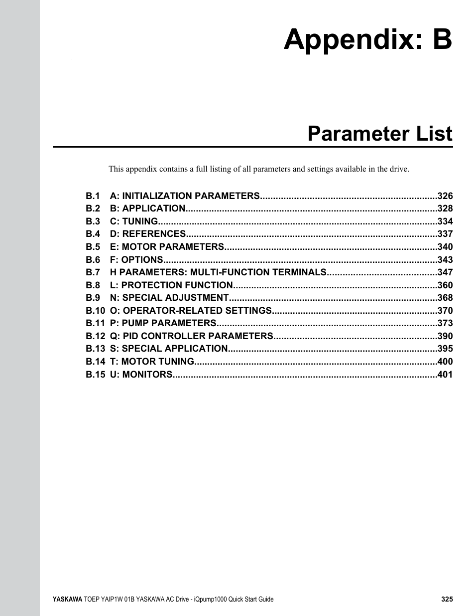Parameter list, B. parameter list, Considering derating | For details, Appendix: b | Yaskawa iQpump1000 AC Drive Quick Start User Manual | Page 325 / 470