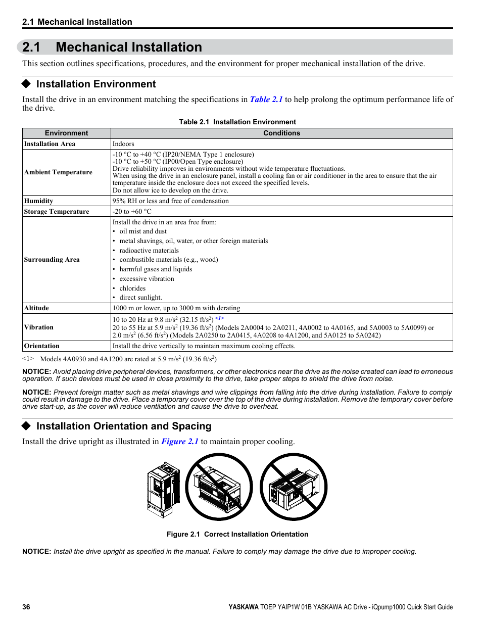 Mechanical installation, Installation environment, Installation orientation and spacing | 1 mechanical installation, For more information on | Yaskawa iQpump1000 AC Drive Quick Start User Manual | Page 36 / 470