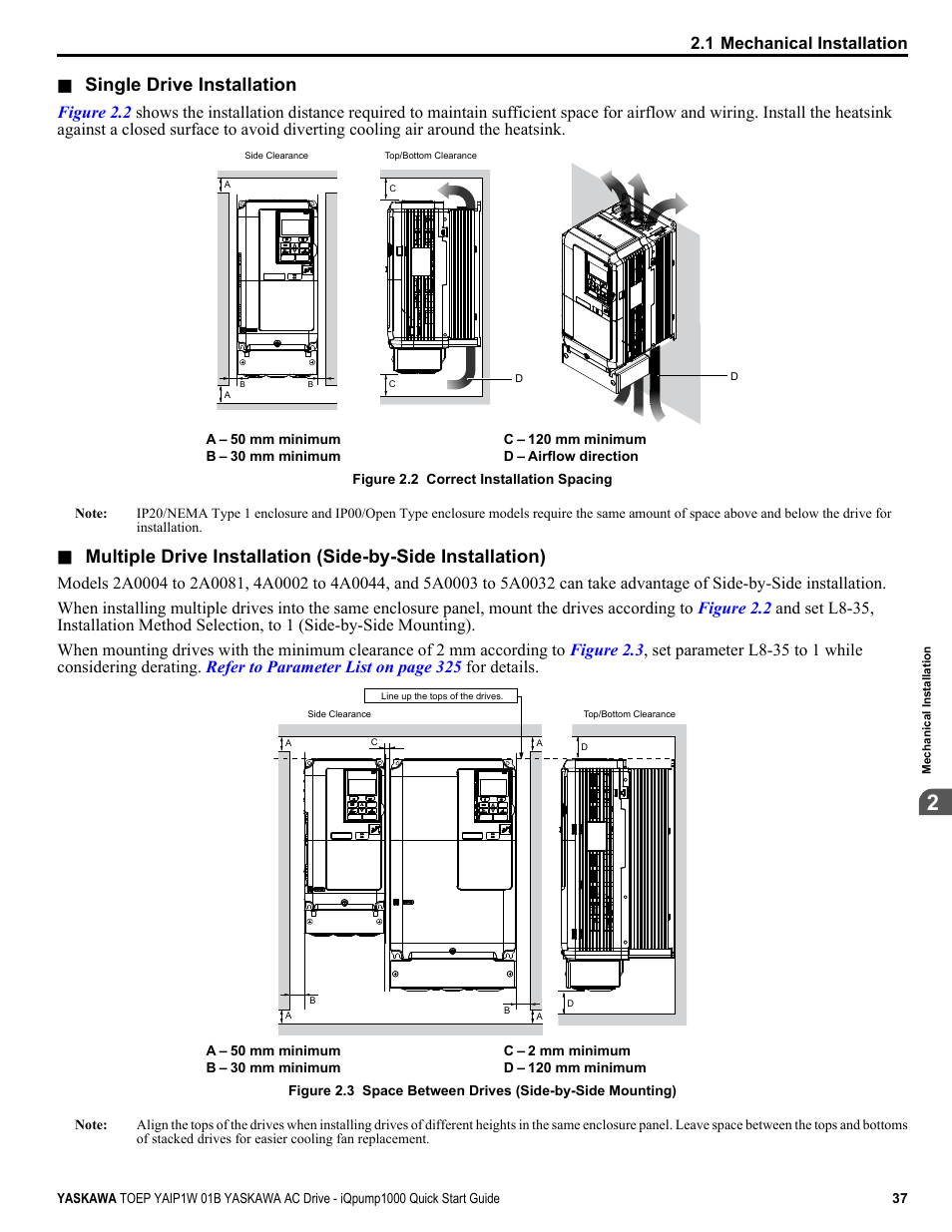 Single drive installation, 1 mechanical installation | Yaskawa iQpump1000 AC Drive Quick Start User Manual | Page 37 / 470