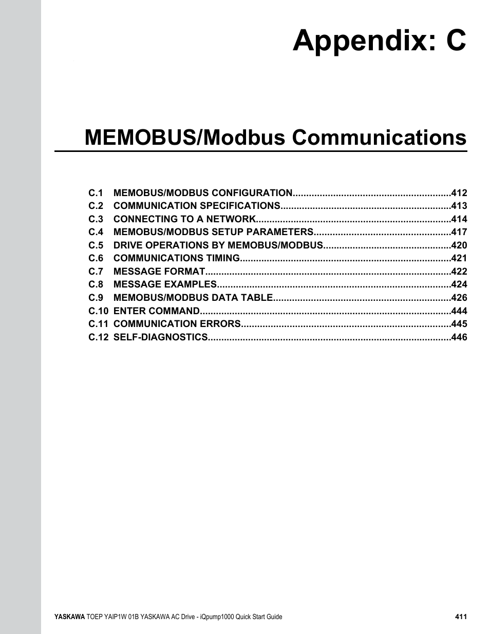Memobus/modbus communications, C. memobus/modbus communications, Appendix: c | Yaskawa iQpump1000 AC Drive Quick Start User Manual | Page 411 / 470
