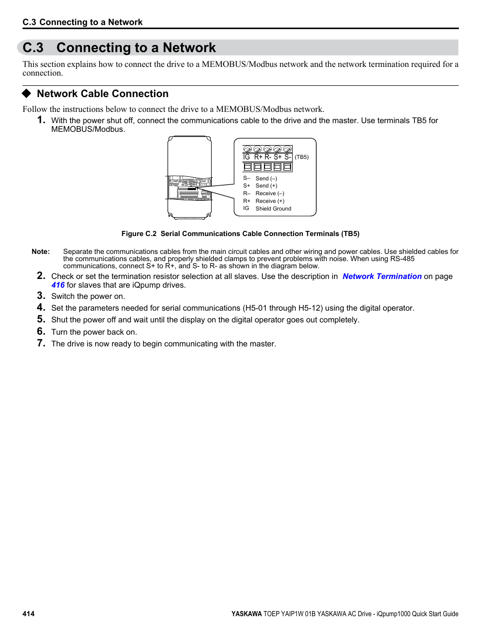 Connecting to a network, Network cable connection, C.3 connecting to a network | Yaskawa iQpump1000 AC Drive Quick Start User Manual | Page 414 / 470