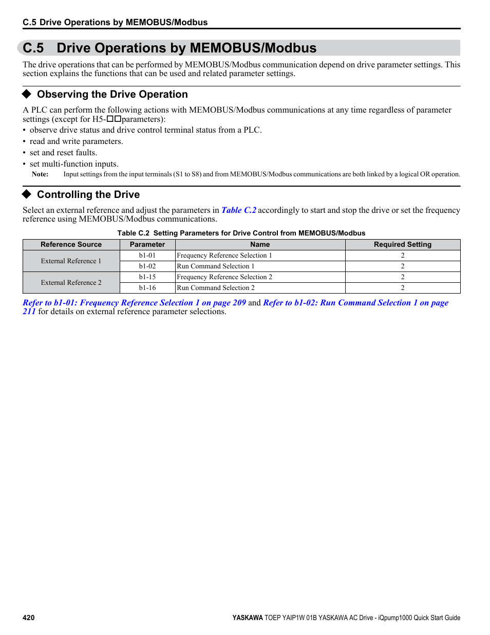 Drive operations by memobus/modbus, Observing the drive operation, Controlling the drive | C.5 drive operations by memobus/modbus | Yaskawa iQpump1000 AC Drive Quick Start User Manual | Page 420 / 470