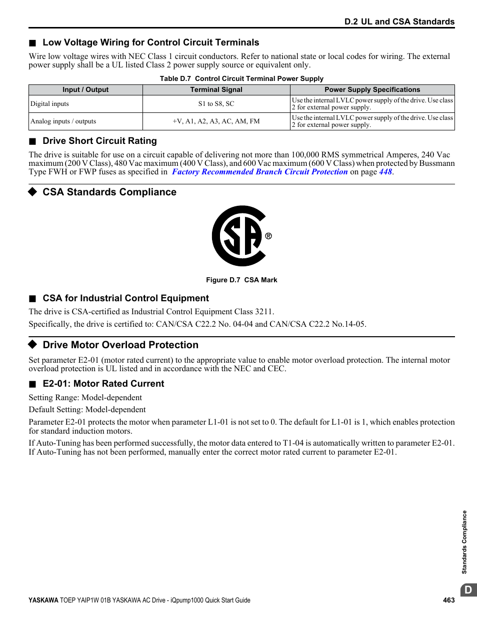 Csa standards compliance, Drive motor overload protection | Yaskawa iQpump1000 AC Drive Quick Start User Manual | Page 463 / 470