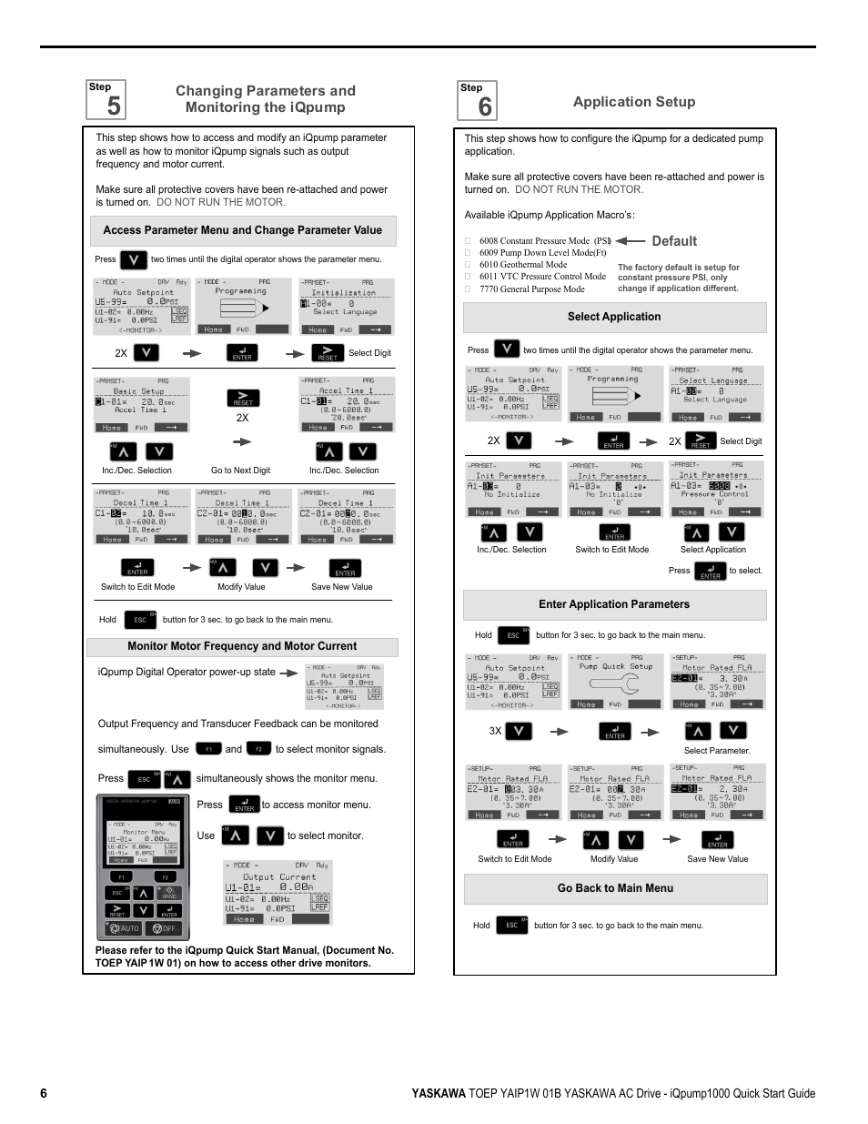 Changing parameters and monitoring the iqpump, Application setup, Default | Yaskawa iQpump1000 AC Drive Quick Start User Manual | Page 6 / 470