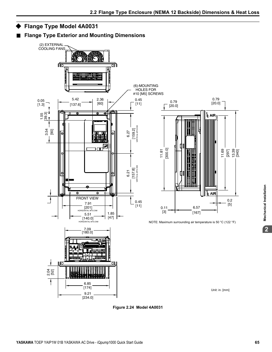 Flange type model 4a0031, Flange type exterior and mounting dimensions | Yaskawa iQpump1000 AC Drive Quick Start User Manual | Page 65 / 470