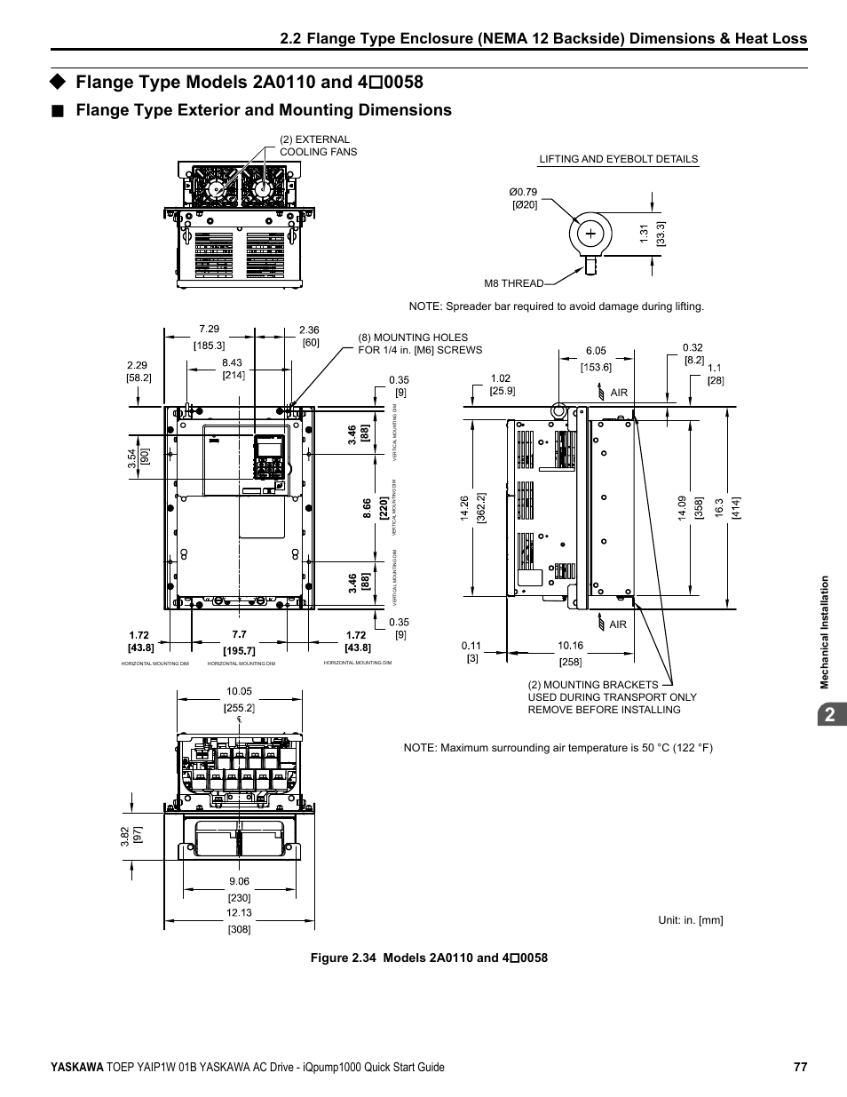 Flange type models 2a0110 and 4*0058, Flange type models 2a0110 and 4o0058, Flange type exterior and mounting dimensions | Yaskawa iQpump1000 AC Drive Quick Start User Manual | Page 77 / 470