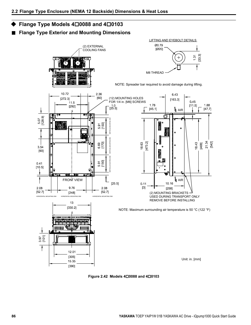 Flange type models 4*0088 and 4*0103, Flange type models 4o0088 and 4o0103, Flange type exterior and mounting dimensions | Yaskawa iQpump1000 AC Drive Quick Start User Manual | Page 86 / 470