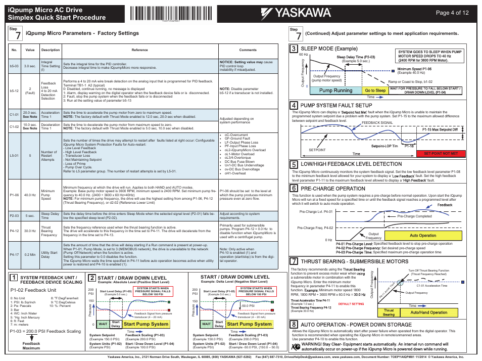 Page 4 of 12, Iqpump micro parameters - factory settings, Thrust bearing - submersible motors | Pump system fault setup pre-charge operation, Sleep mode (example), Pump running | Yaskawa iQpump Micro AC Drive User Manual | Page 4 / 12
