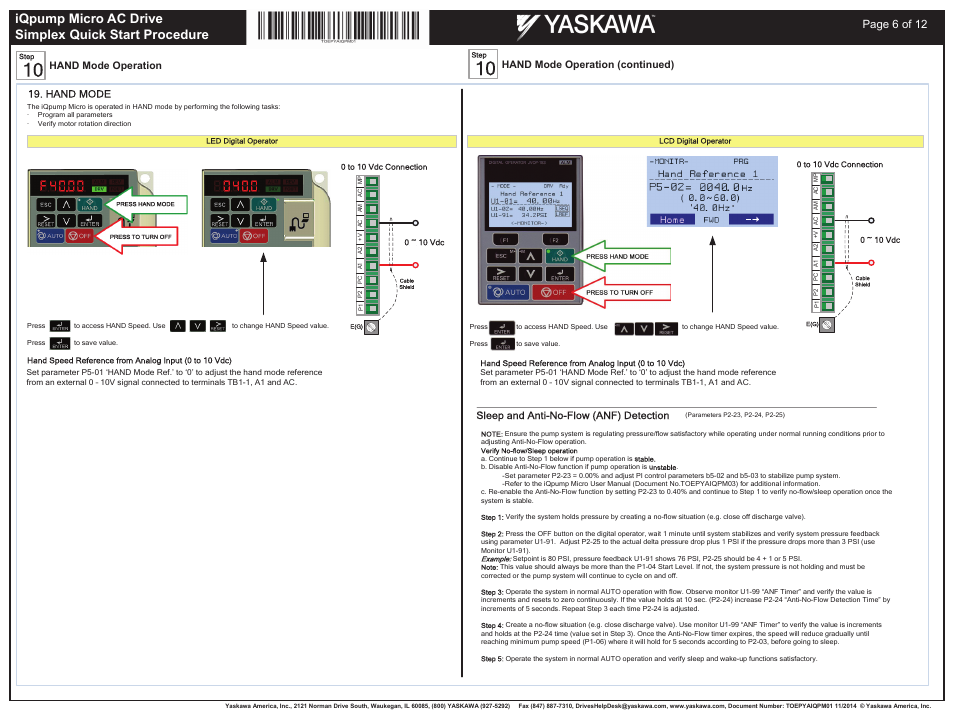 Page 6 of 12, Hand mode, Sleep and anti-no-flow (anf) detection | Hand mode operation, Hand mode operation (continued) | Yaskawa iQpump Micro AC Drive User Manual | Page 6 / 12