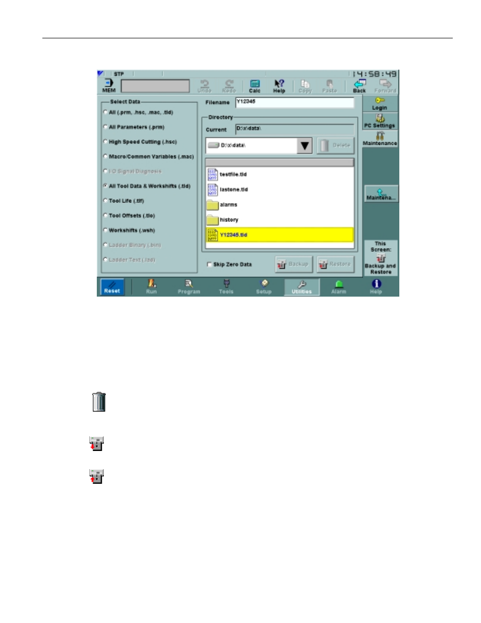 5 backup and restore screen, Figure 3.7.5.1. the backup and restore screen | Yaskawa PC NC User Manual | Page 125 / 439