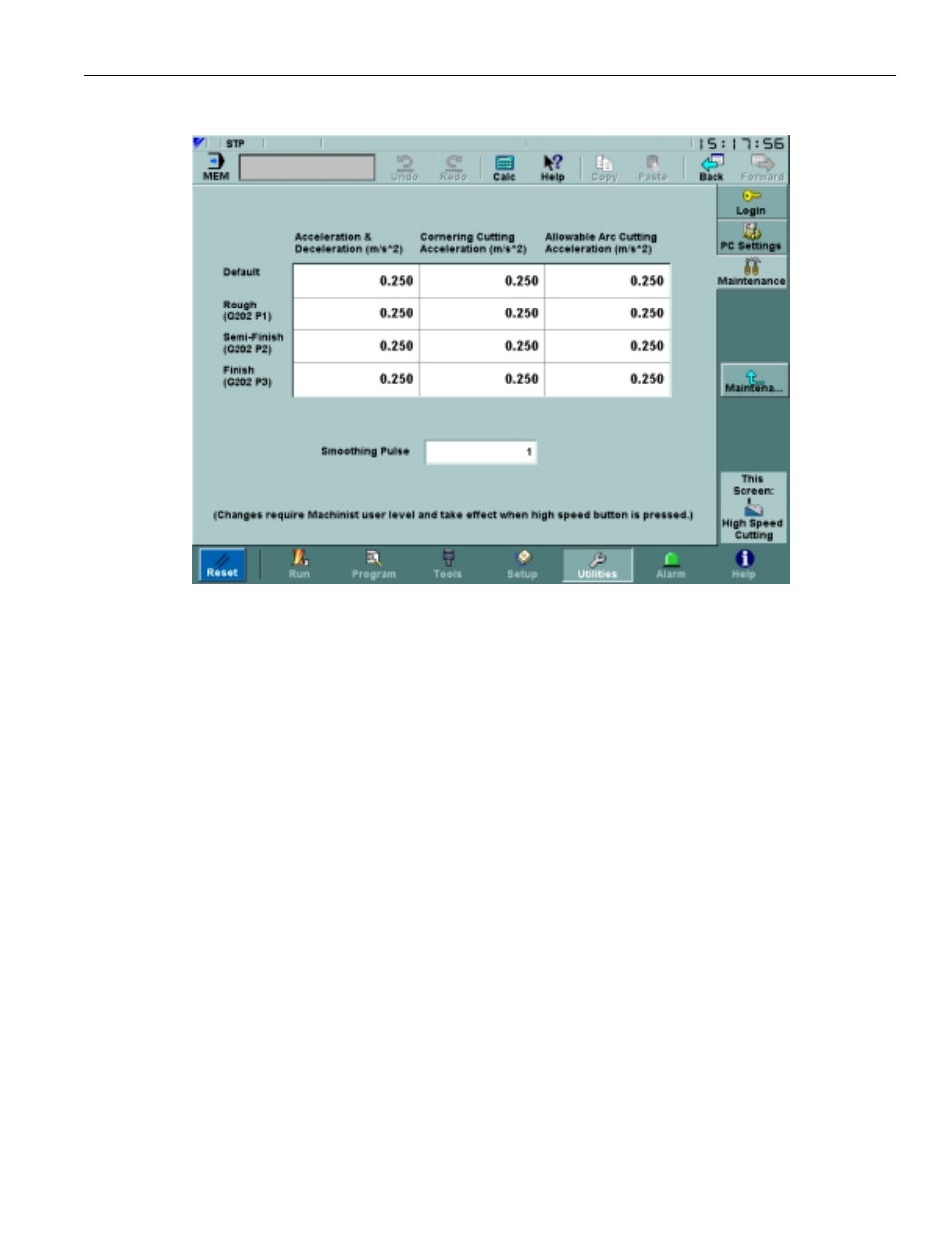 14 high speed cutting screen, Figure 3.7.14.1. the high speed cutting screen, Saving and loading hsc parameters | Yaskawa PC NC User Manual | Page 139 / 439