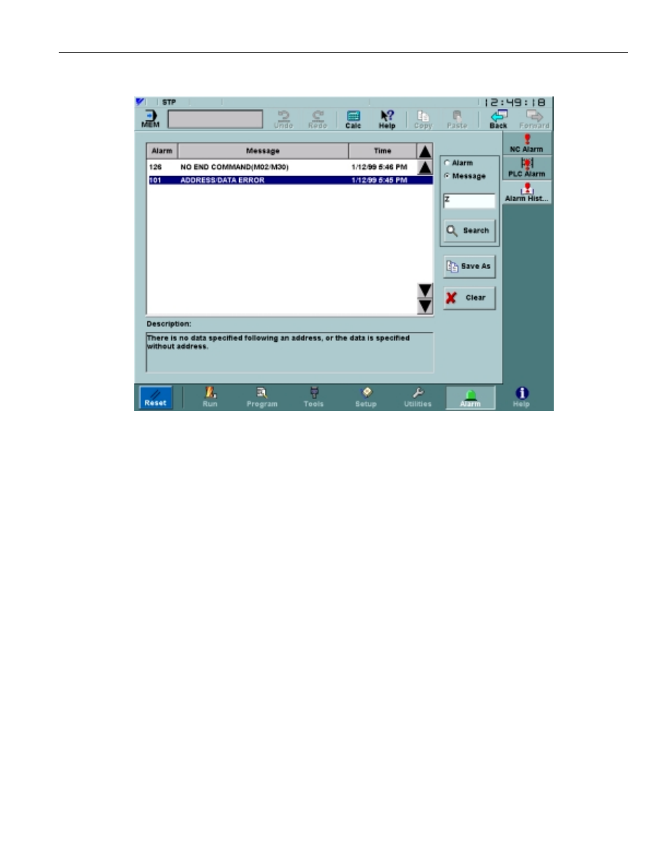 3 alarm history screen, Figure 3.8.3.1. the alarm history screen | Yaskawa PC NC User Manual | Page 155 / 439
