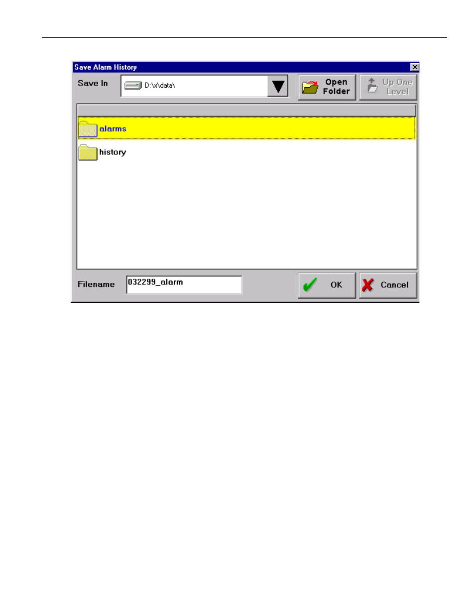 Figure 3.8.3.2. the save alarm history dialog | Yaskawa PC NC User Manual | Page 156 / 439