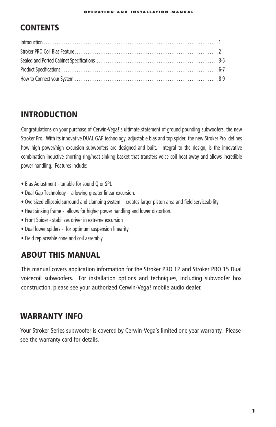 Introduction, About this manual, Warranty info contents | Cerwin-Vega Stoker Pro User Manual | Page 3 / 12