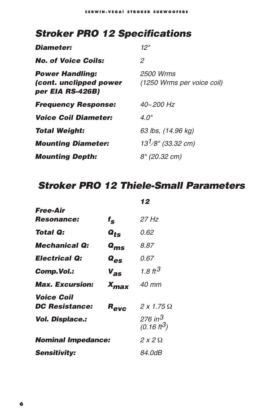 Stroker pro 12 specifications, Stroker pro 12 thiele-small parameters | Cerwin-Vega Stoker Pro User Manual | Page 8 / 12