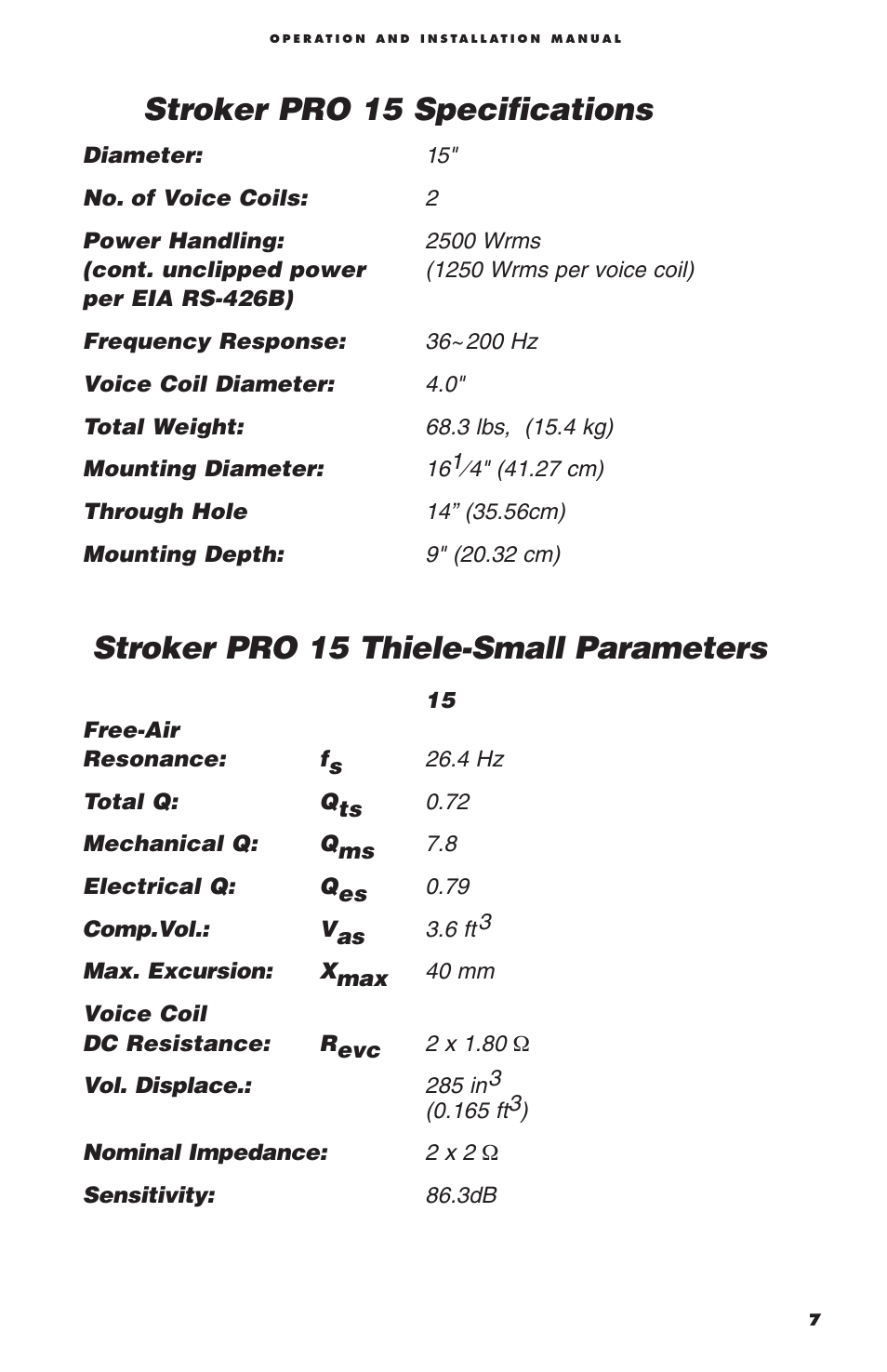 Stroker pro 15 specifications, Stroker pro 15 thiele-small parameters | Cerwin-Vega Stoker Pro User Manual | Page 9 / 12