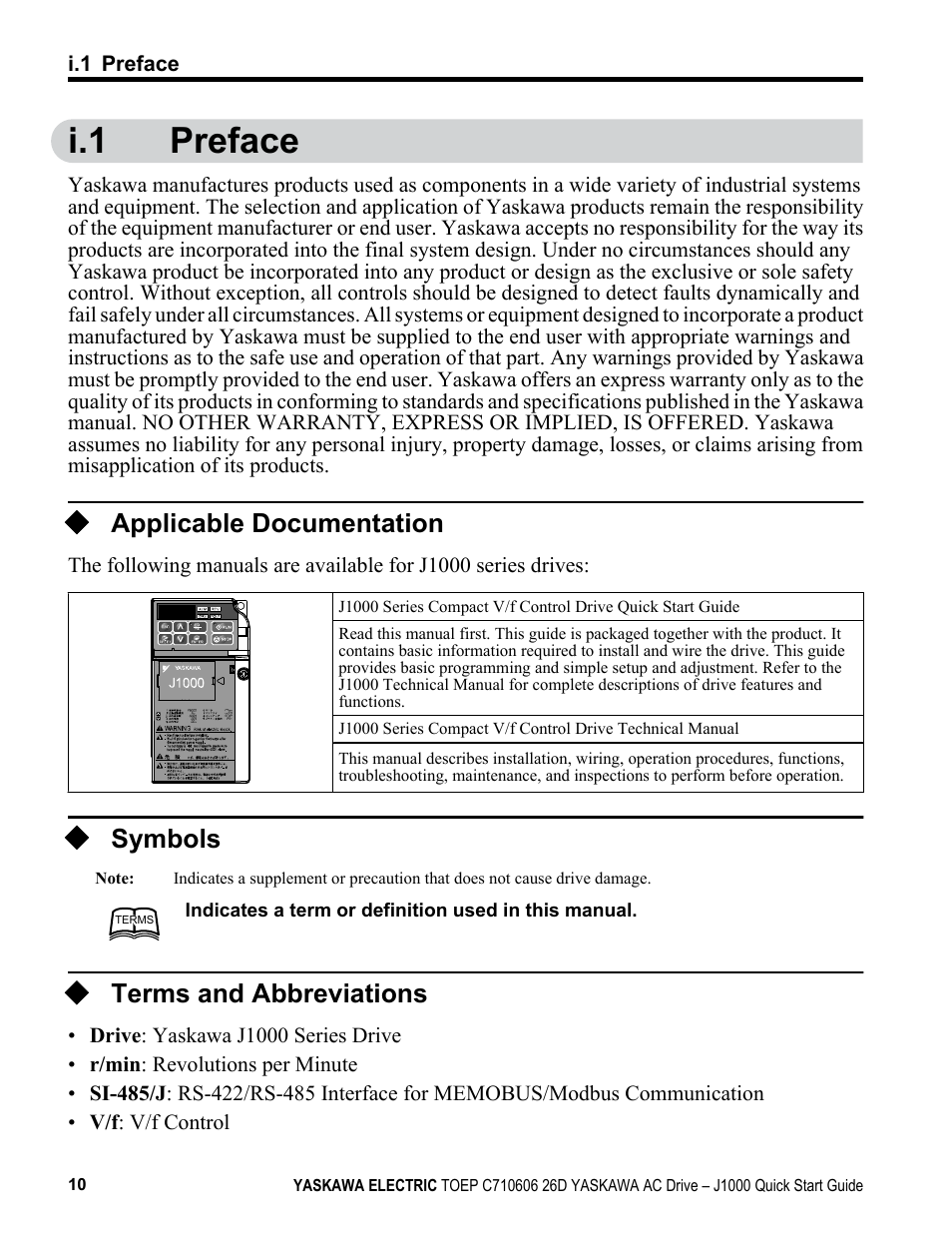 I.1 preface, Applicable documentation, Symbols | Terms and abbreviations, Preface | Yaskawa J1000 Compact V/f Control Drive User Manual | Page 10 / 274