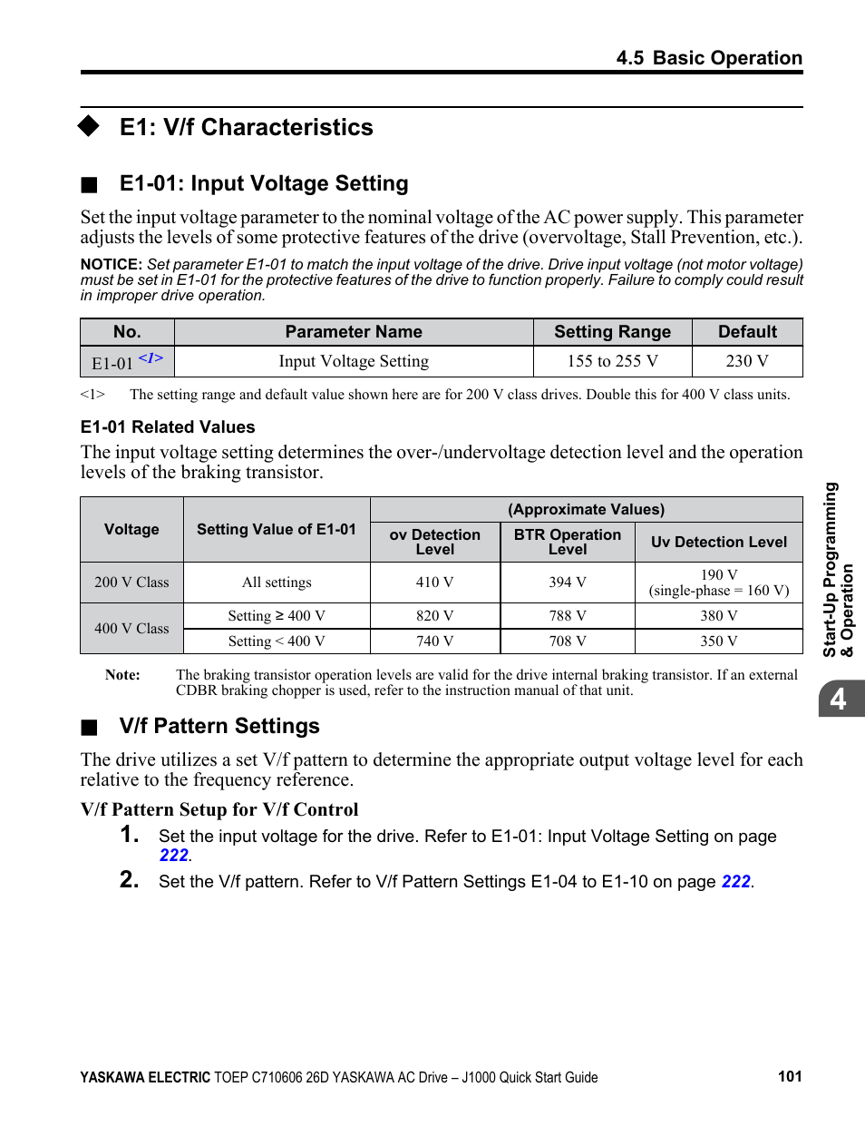 E1: v/f characteristics, E1-01: input voltage setting, V/f pattern settings | Yaskawa J1000 Compact V/f Control Drive User Manual | Page 101 / 274