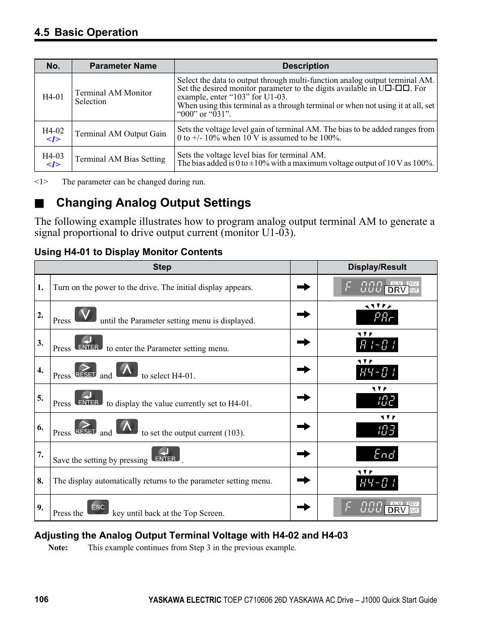 Changing analog output settings, 5 basic operation | Yaskawa J1000 Compact V/f Control Drive User Manual | Page 106 / 274