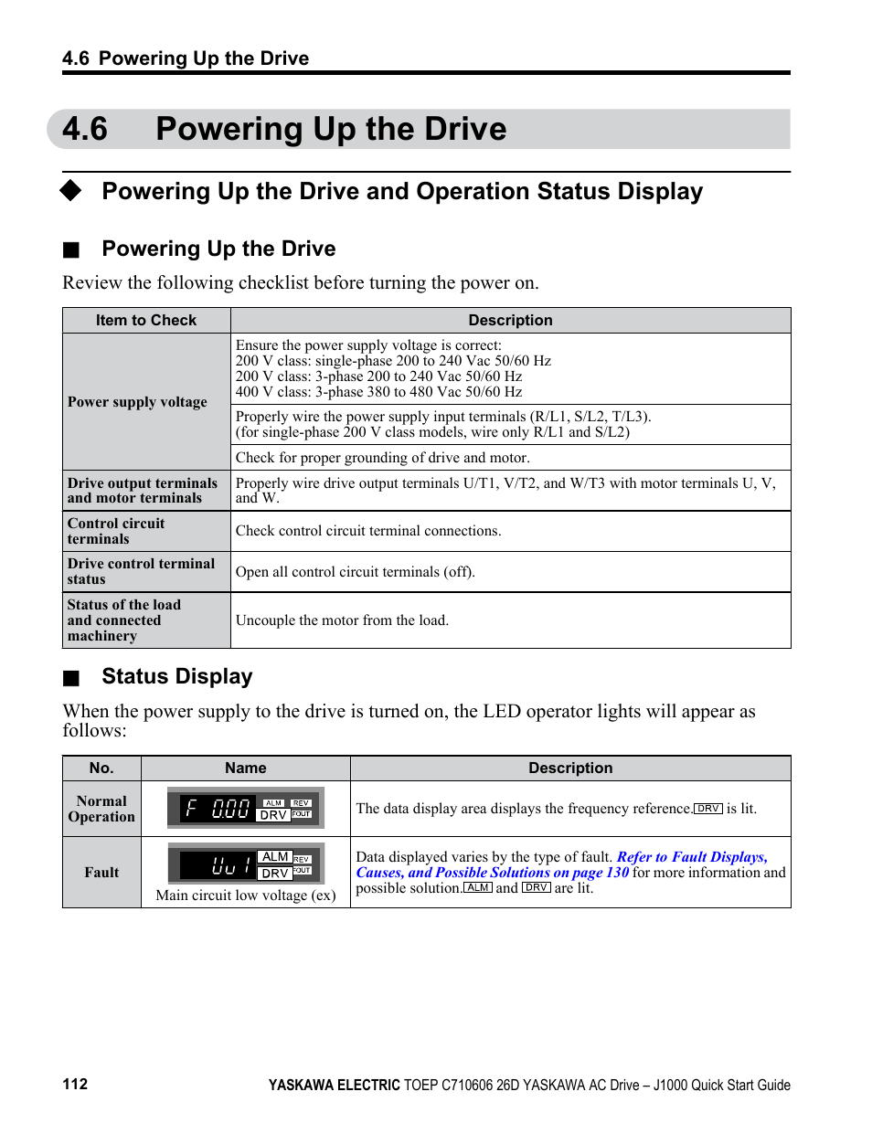 6 powering up the drive, Powering up the drive and operation status display, Powering up the drive | Status display | Yaskawa J1000 Compact V/f Control Drive User Manual | Page 112 / 274