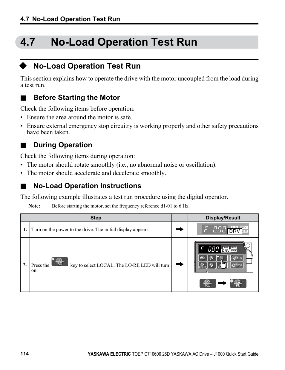 7 no-load operation test run, No-load operation test run | Yaskawa J1000 Compact V/f Control Drive User Manual | Page 114 / 274