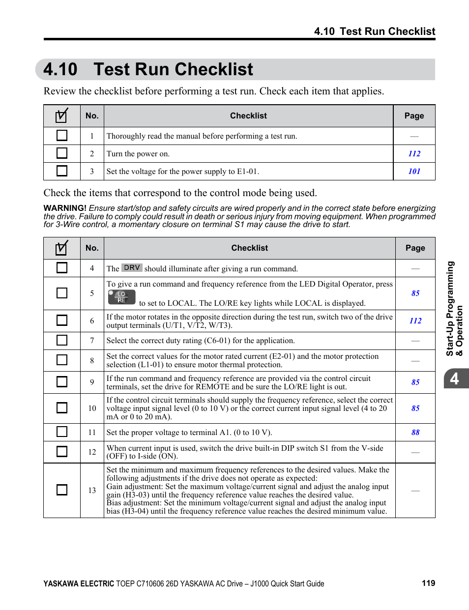10 test run checklist | Yaskawa J1000 Compact V/f Control Drive User Manual | Page 119 / 274