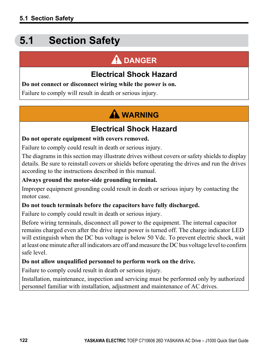 1 section safety, Section safety | Yaskawa J1000 Compact V/f Control Drive User Manual | Page 122 / 274