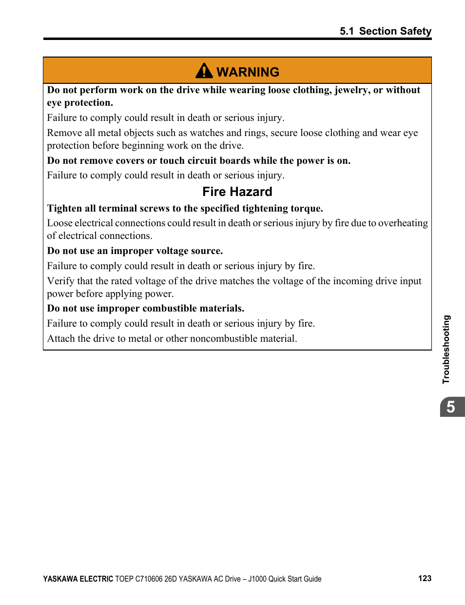 Warning, Fire hazard | Yaskawa J1000 Compact V/f Control Drive User Manual | Page 123 / 274